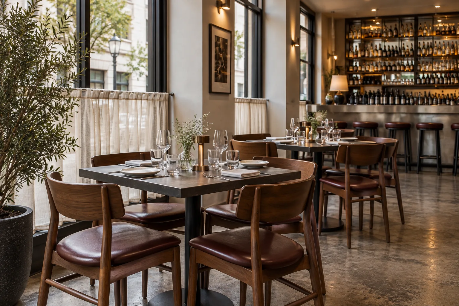 Walnut dining chairs with oxblood seats around charcoal restaurant tables