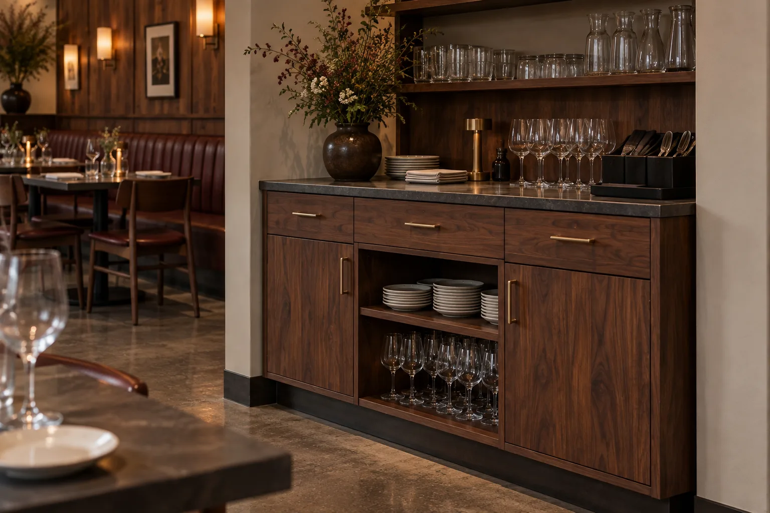 Walnut restaurant waiter station with drawers and a charcoal top