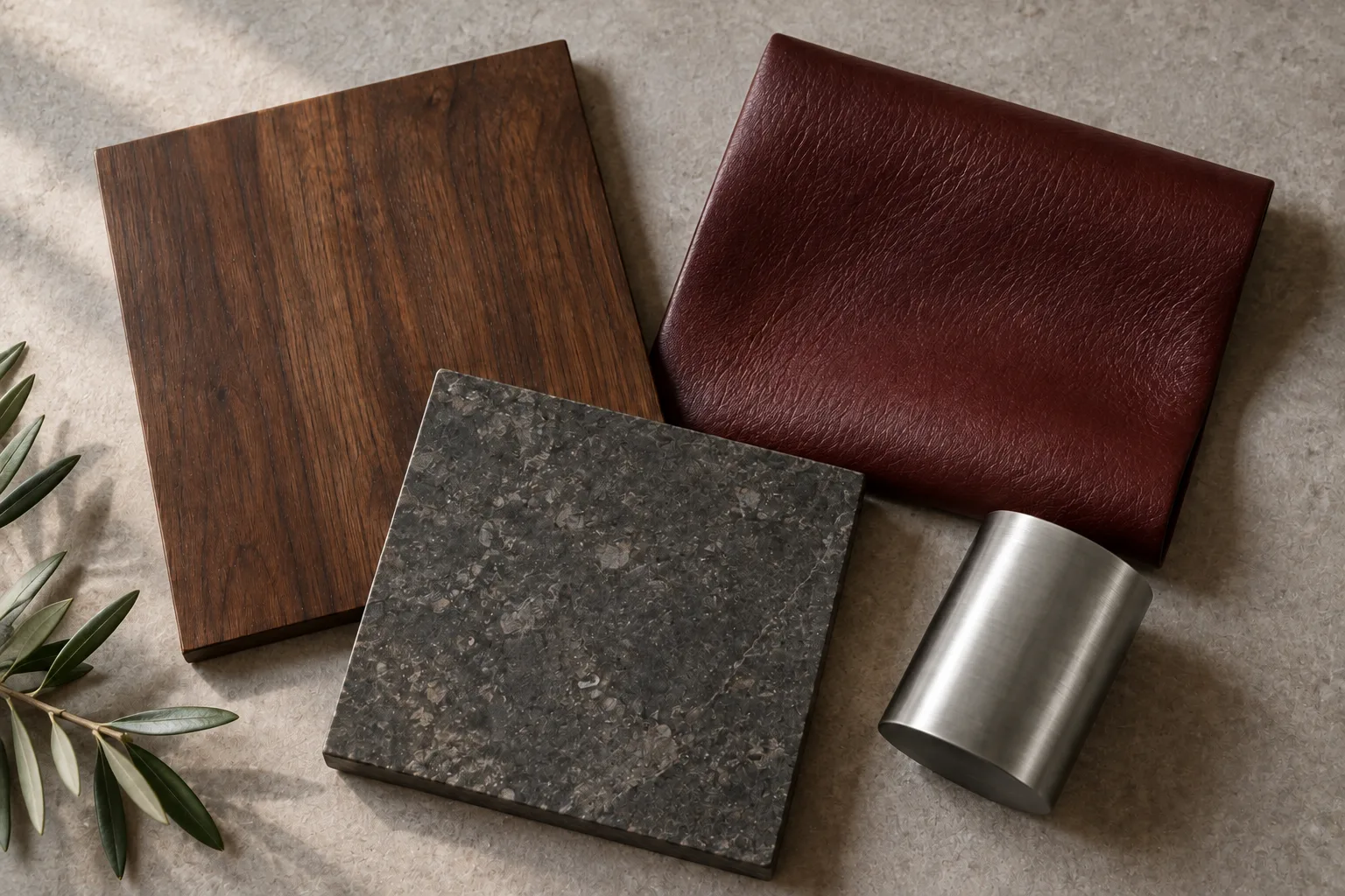 Walnut · Oxblood · Brushed steel physical material sample concept board
