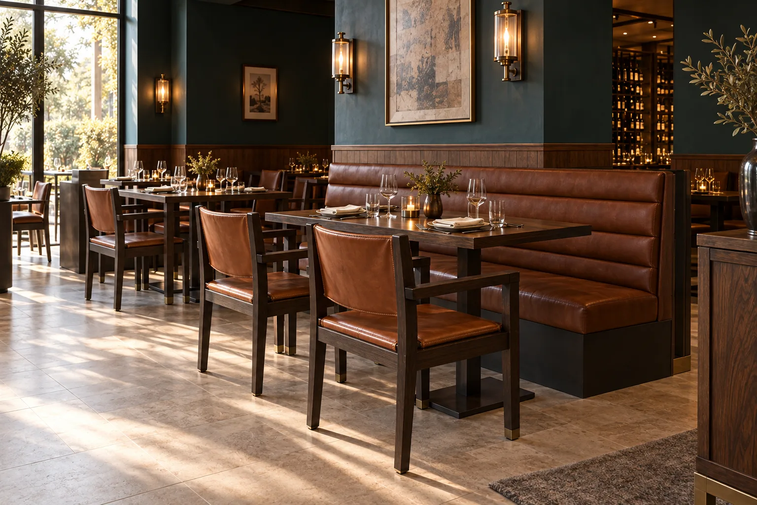 Alternative view of a boutique restaurant with cognac sling chairs, rectangular walnut tables and straight cocoa booths