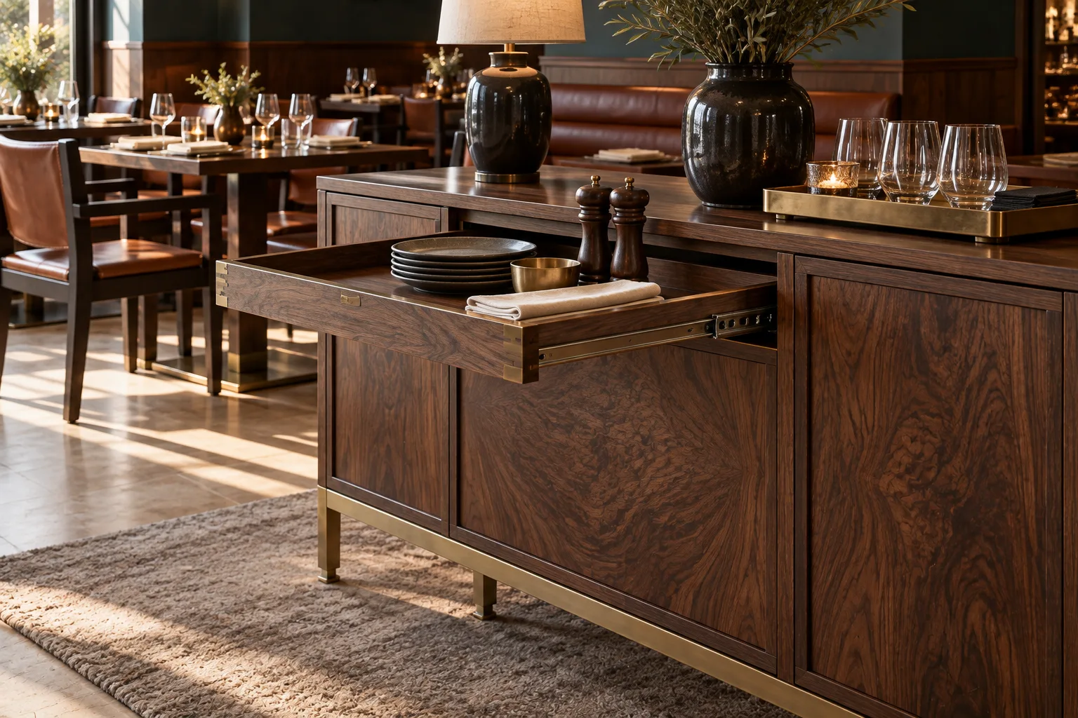 Detail of a figured walnut service cabinet with framed doors, raised bronze legs and a sliding tray