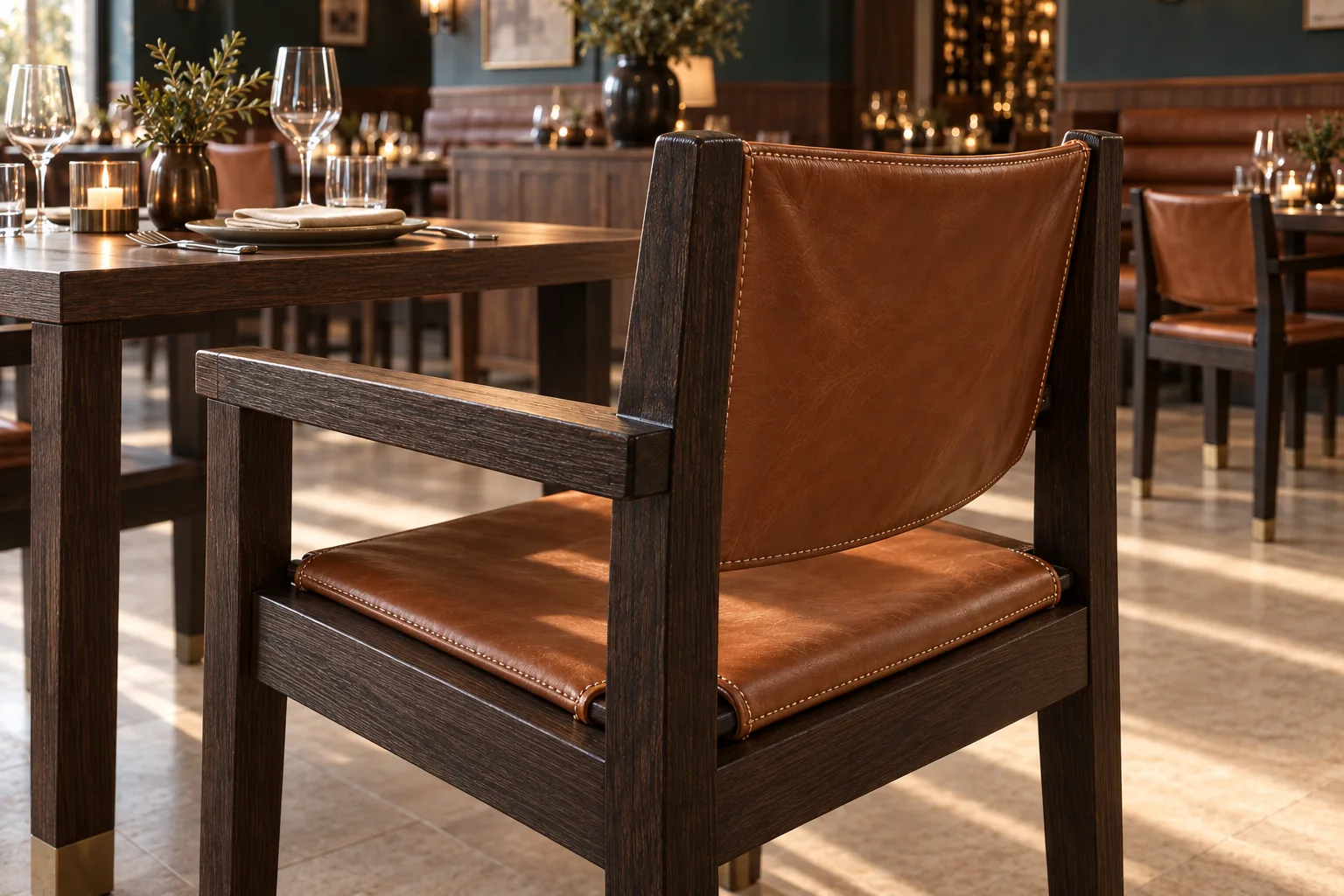 Close view of a cognac leather sling dining armchair with stitched separate seat and back panels suspended within a blackened oak frame
