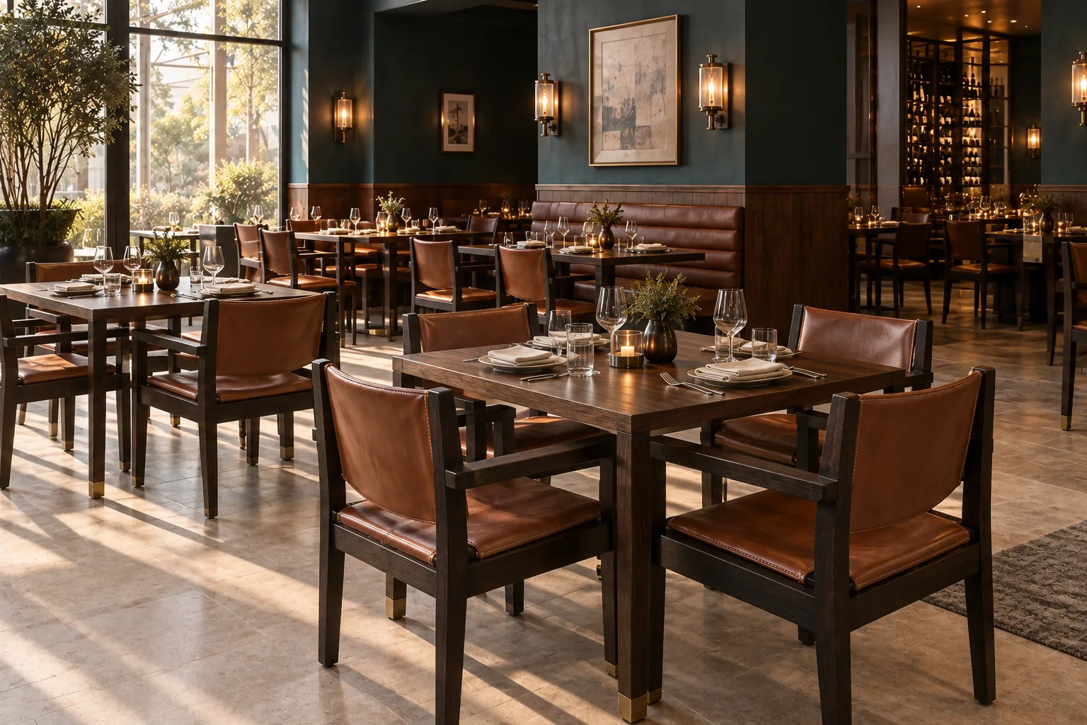 Restaurant concept with upholstered dining chairs and coordinated tables in a warm interior