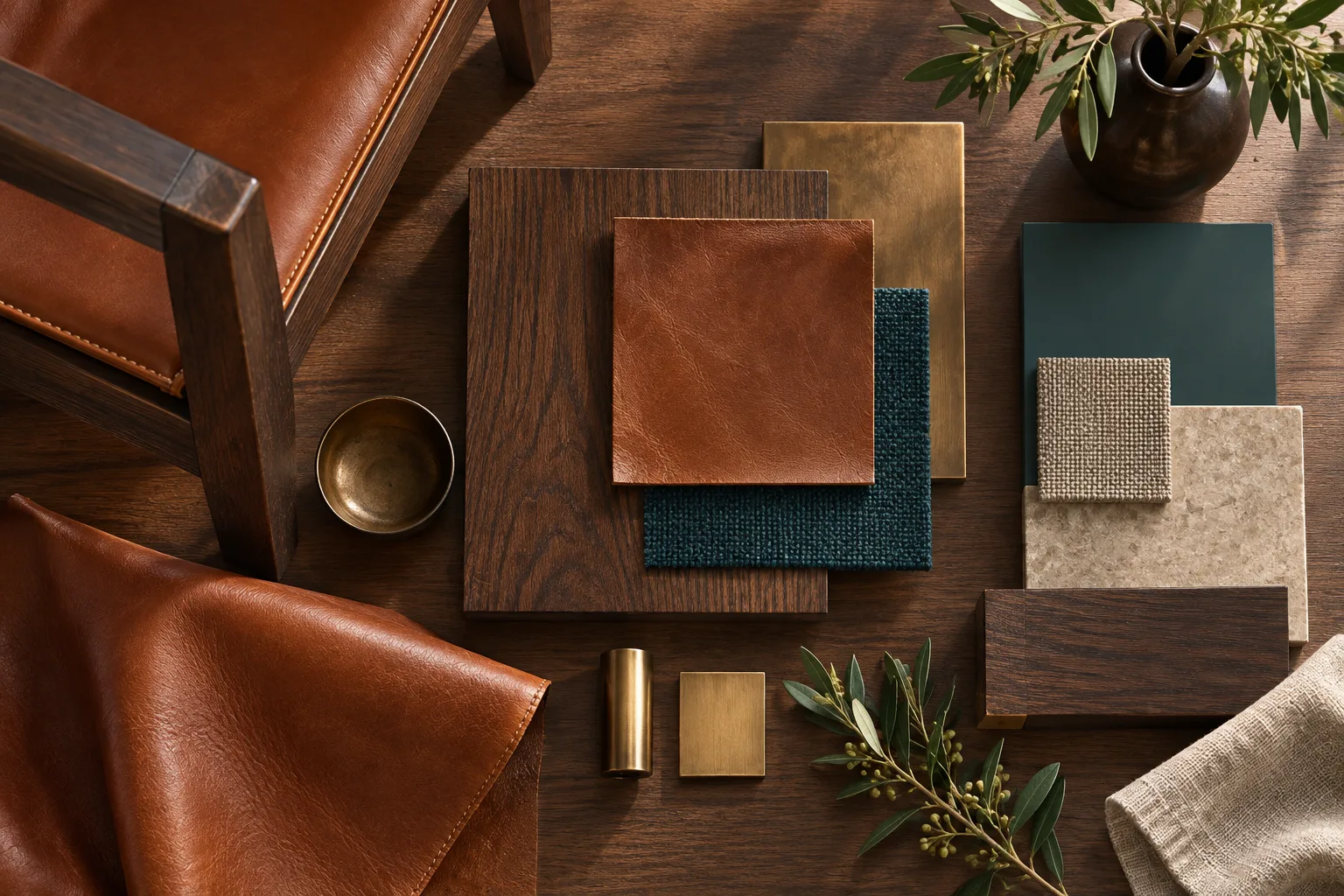 Cognac leather · Smoked walnut · Petrol · Bronze physical material sample concept board