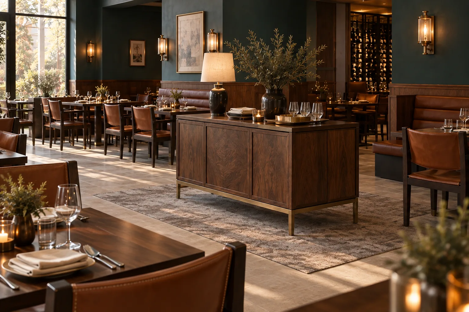 Figured walnut restaurant service cabinet on slim bronze legs with smooth framed doors and a sliding top tray