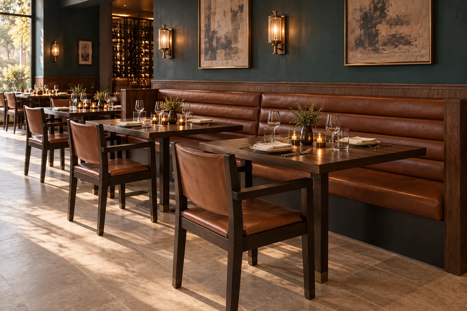 Straight cocoa leather restaurant booth with horizontal cushions, low timber back and rectangular walnut dining tables