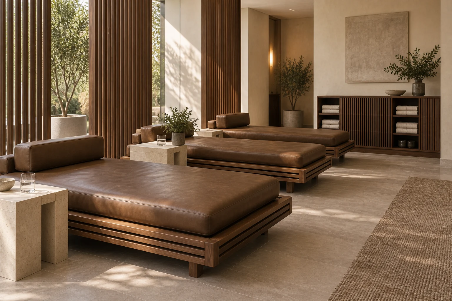 Alternative view of the warm walnut spa furniture concept