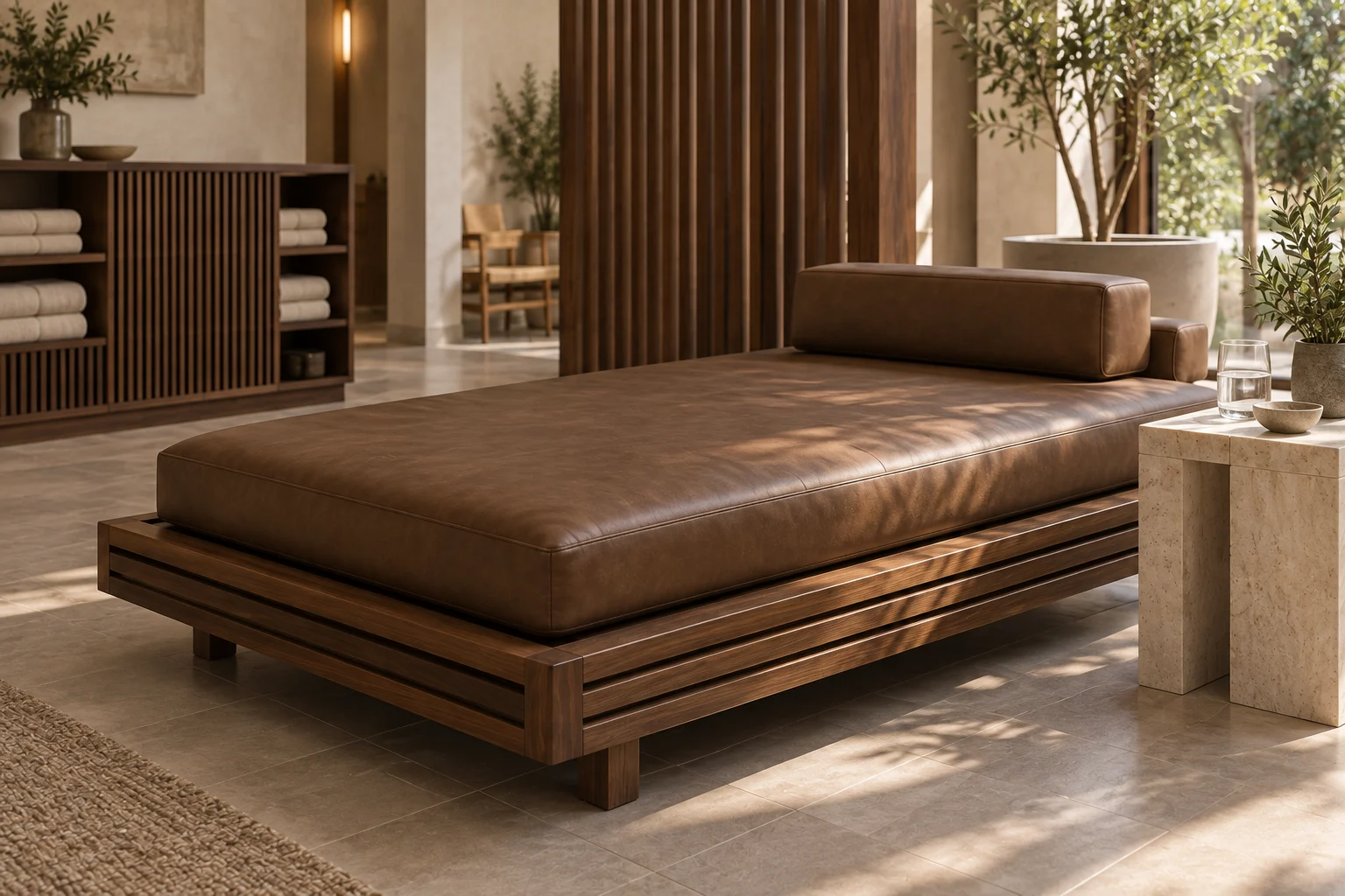 Walnut daybed frame and tobacco cushion construction detail
