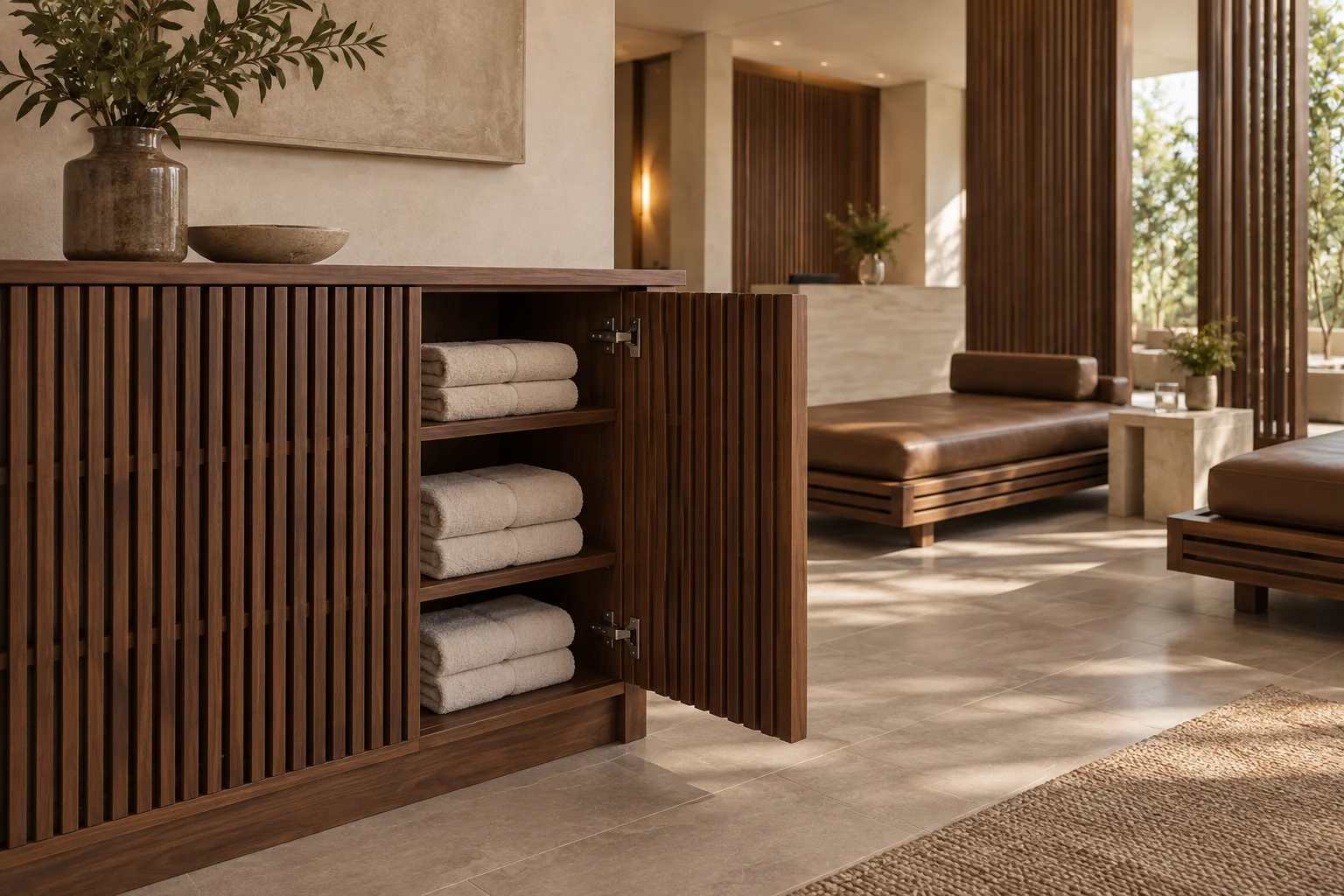 Walnut towel cabinet with open shelves and slatted doors