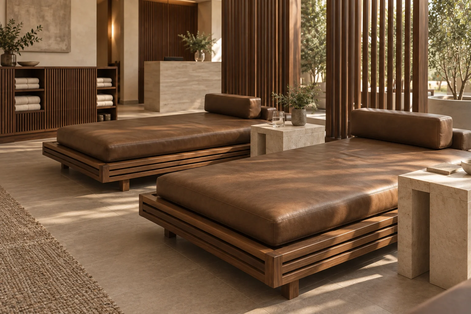Walnut slatted spa daybeds with tobacco cushions and limestone side tables