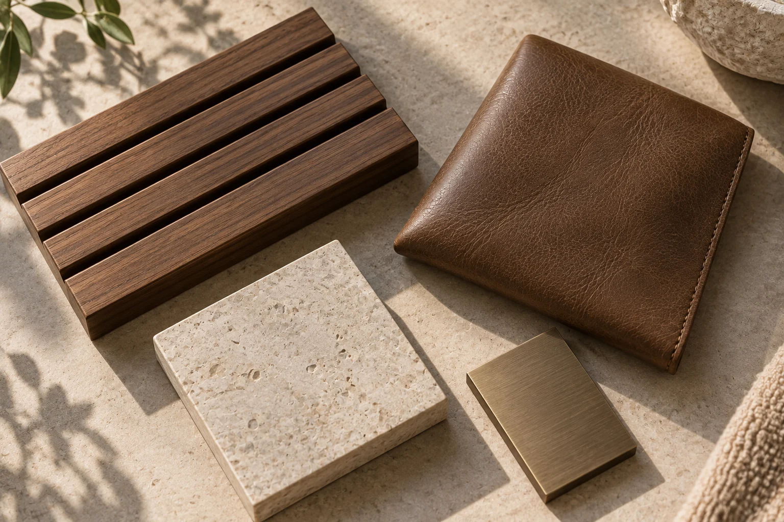 Walnut slats · Tobacco upholstery · Honed limestone · Oat-toned finish physical material sample concept board