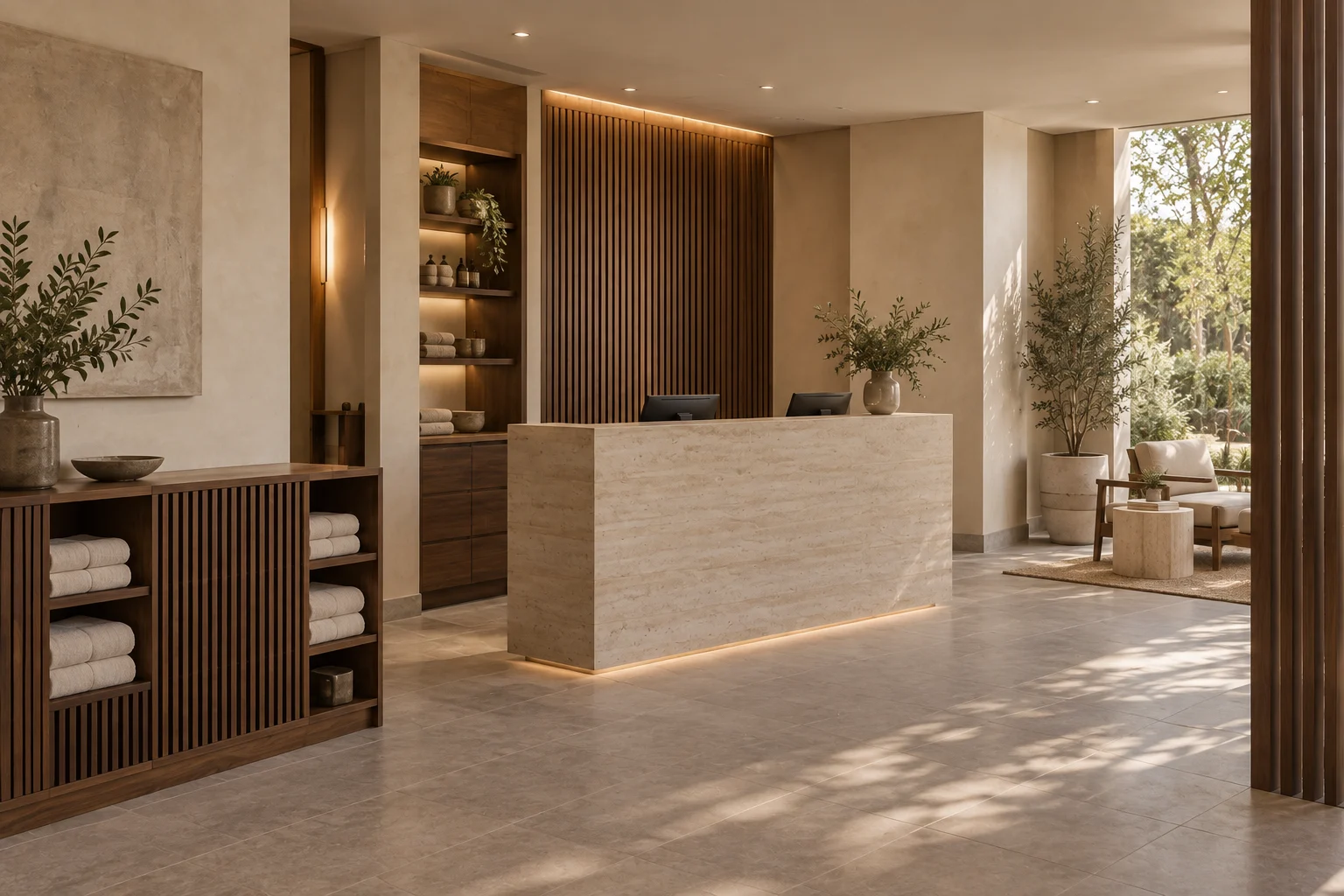 Warm spa reception with stone counter and walnut storage