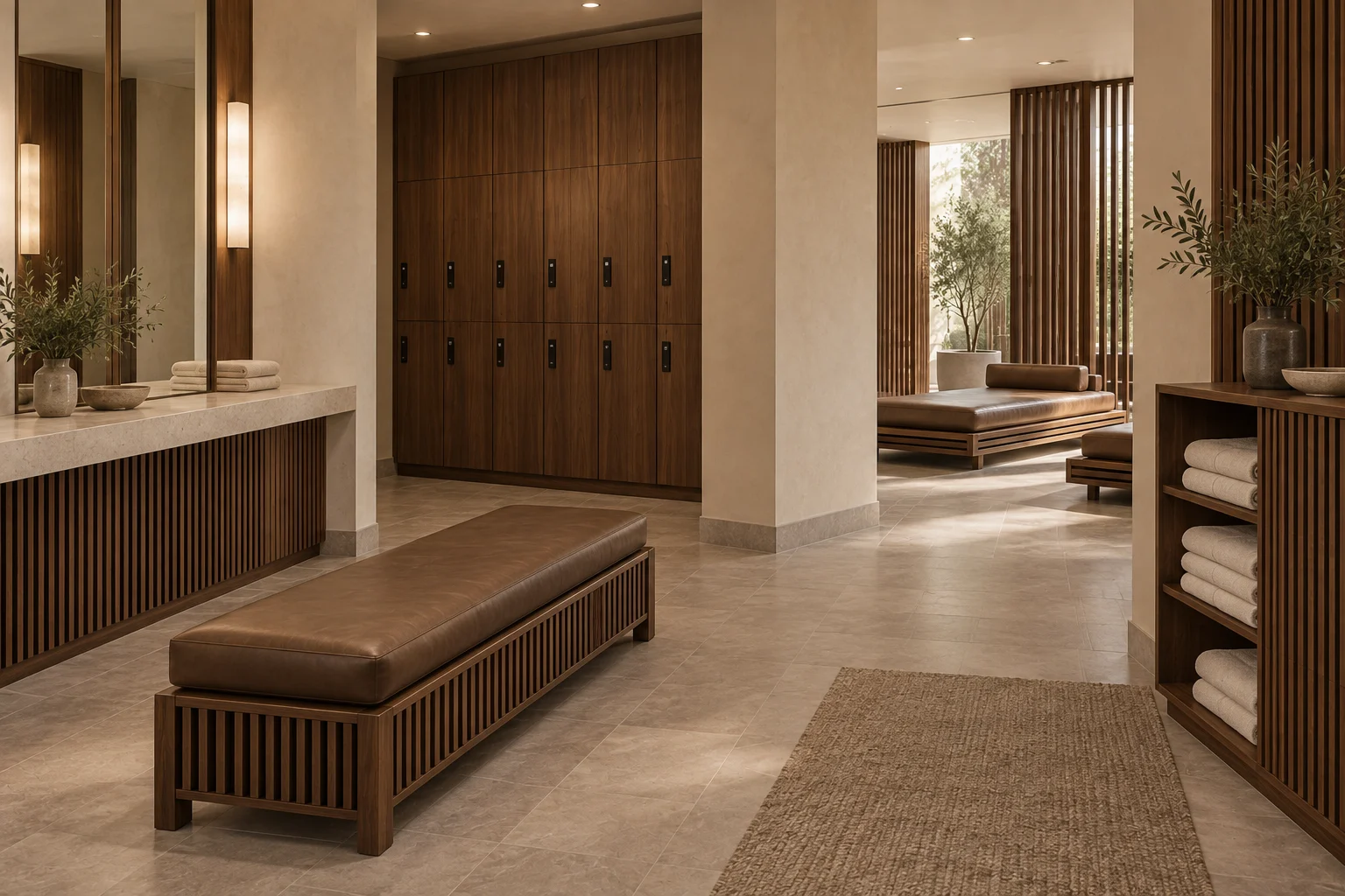 Walnut spa lockers, changing bench and folded towel storage