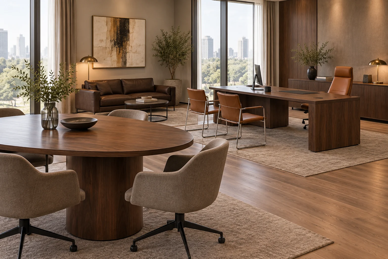 Executive office view connecting walnut desk, oval meeting table and leather lounge