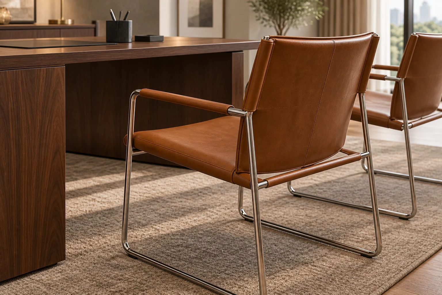 Cognac leather guest chair on a polished metal sled base