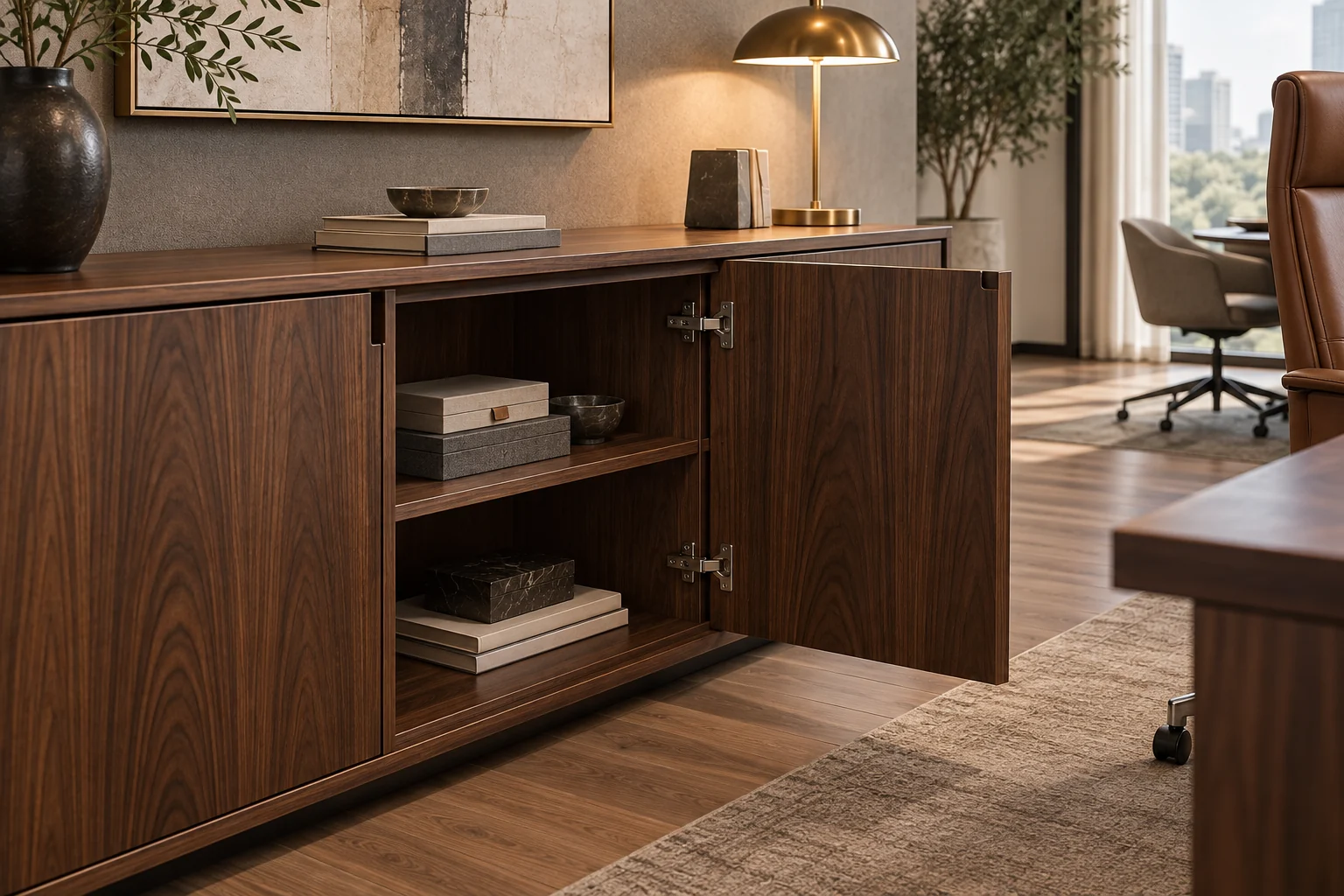 Walnut credenza door alignment, grain and recessed pull detail