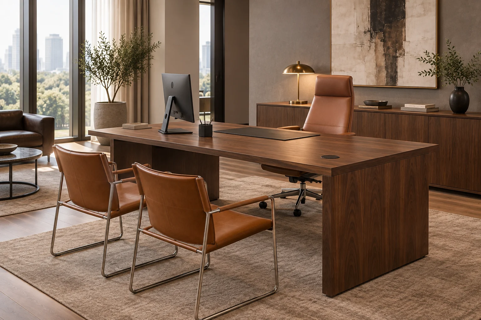 Walnut panel-base executive desk with caramel chair and cognac guest chairs
