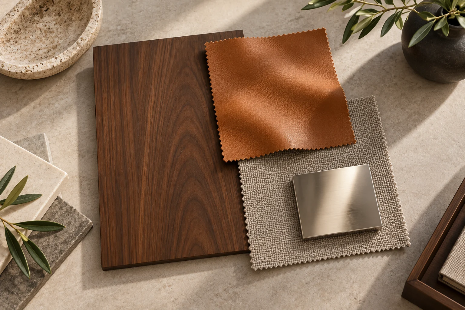 Walnut veneer · Caramel leather · Taupe upholstery · Polished metal physical material sample concept board