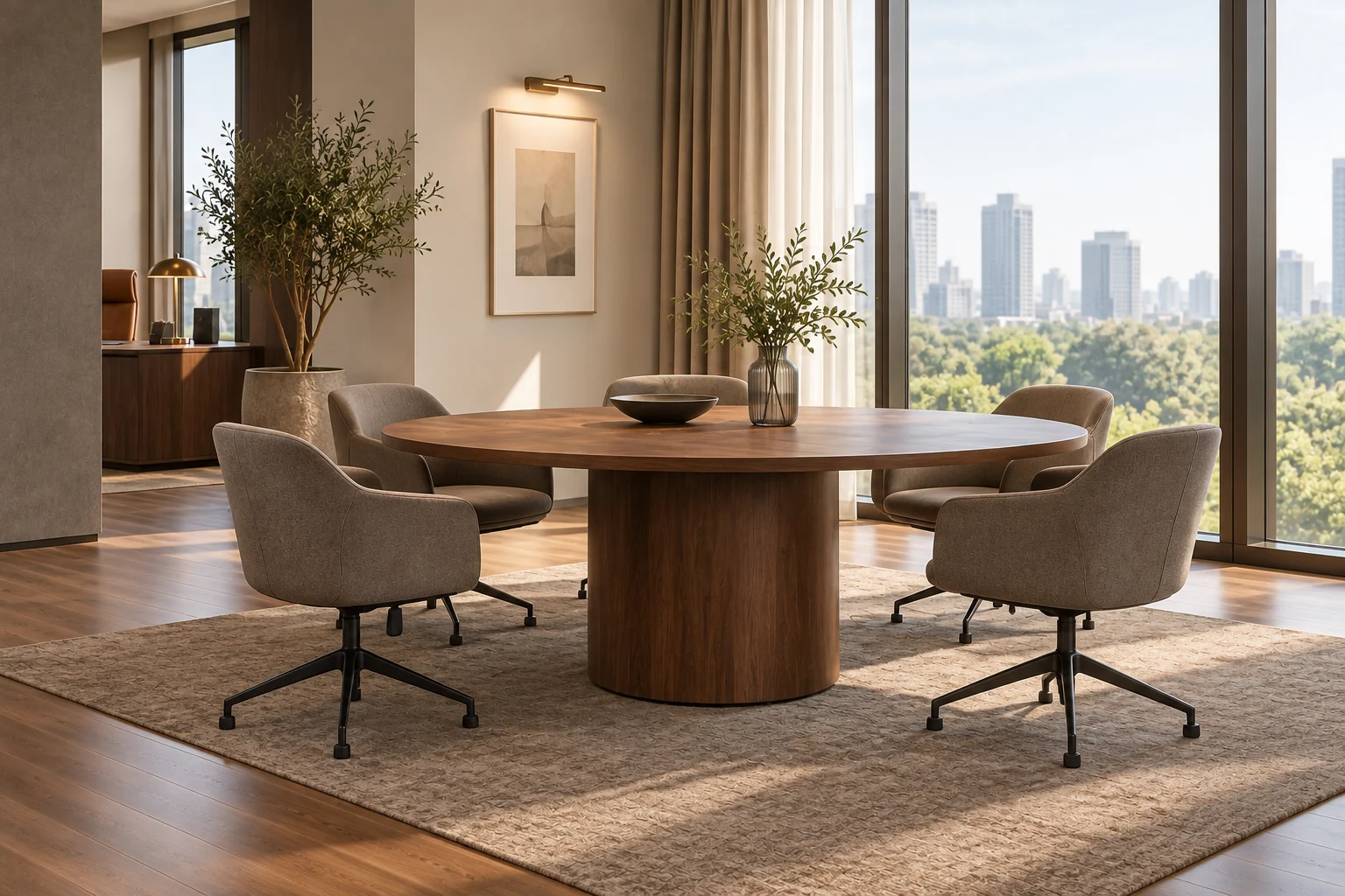 Oval walnut meeting table with taupe upholstered swivel chairs