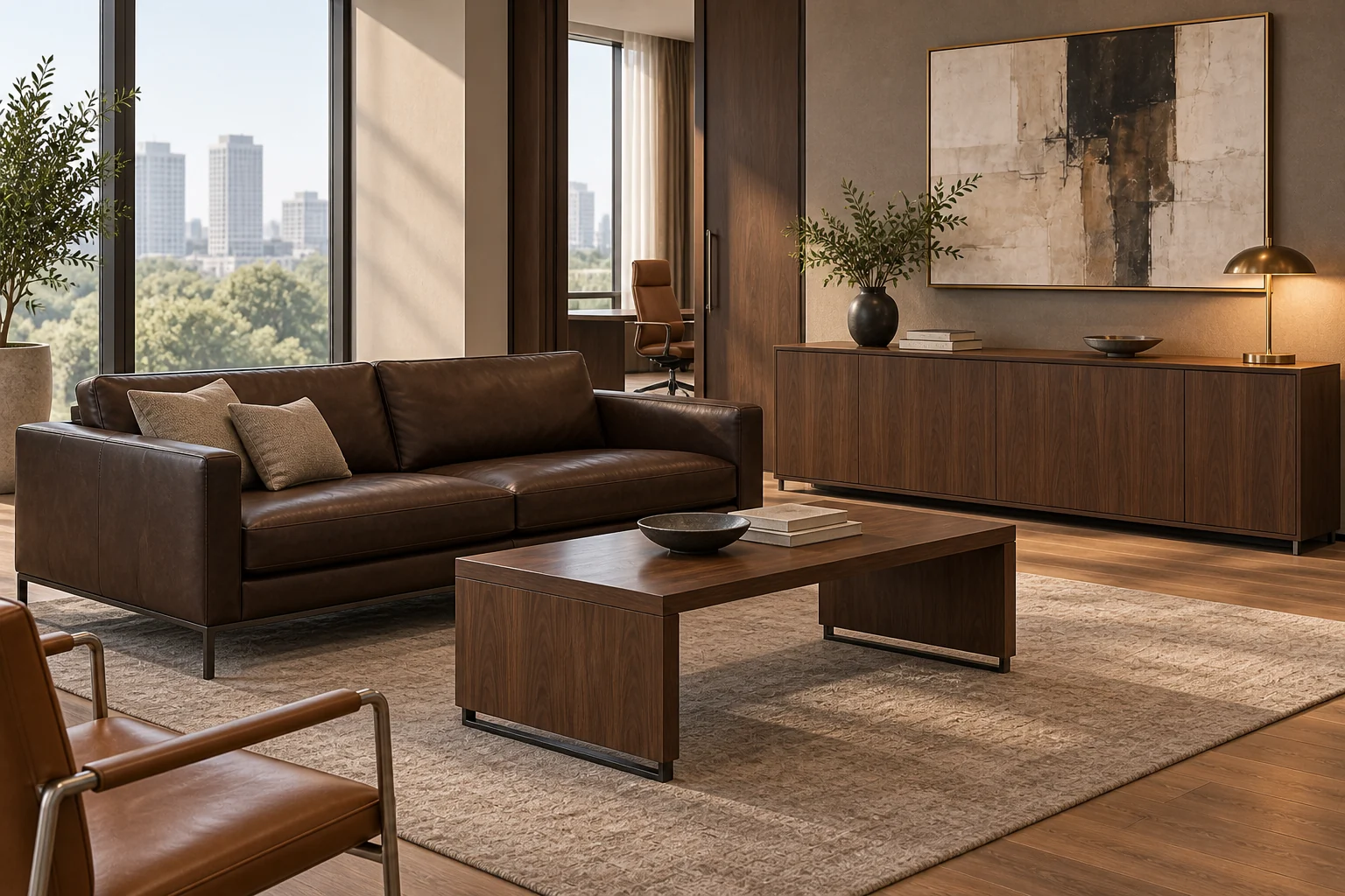 Dark leather reception sofa, walnut coffee table and enclosed office credenza