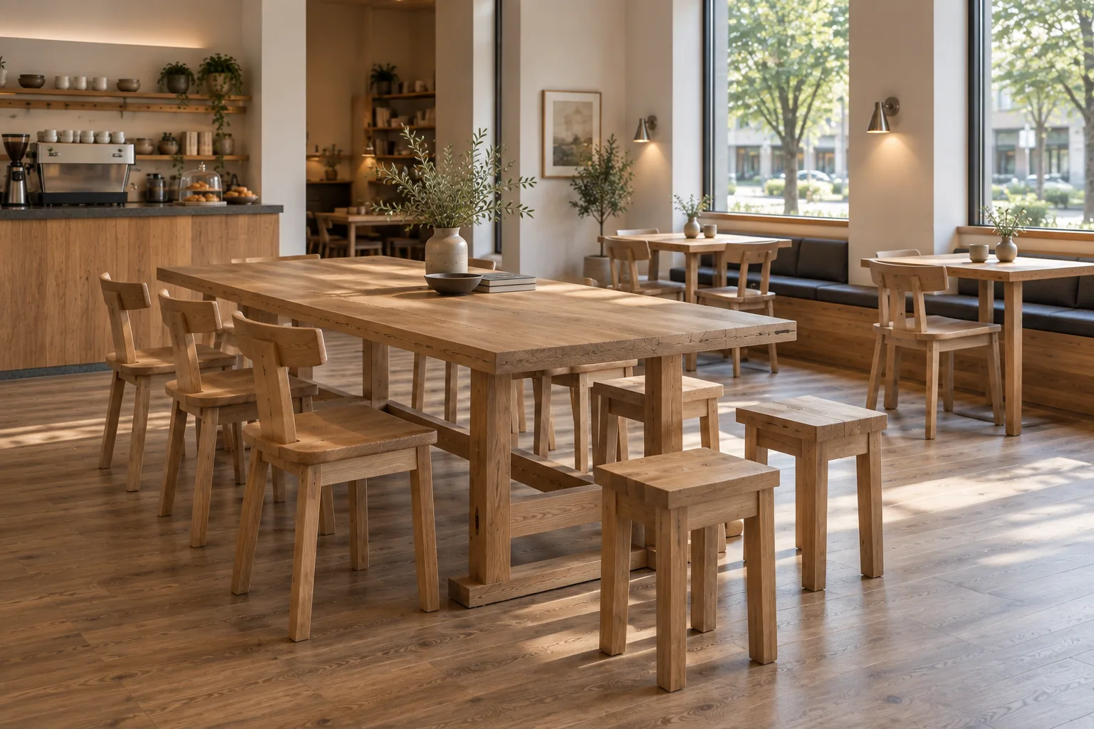Alternative view of a warm minimal café with saddle-seat timber chairs, a rectangular communal table and a straight window bench