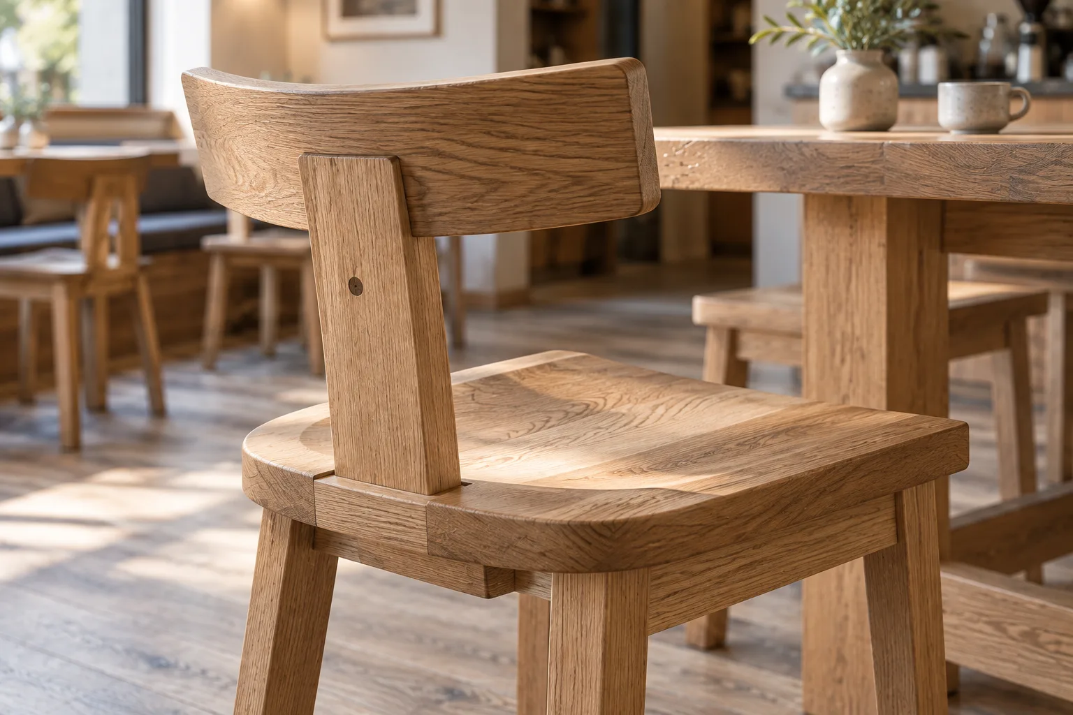Close view of a natural ash café chair with a carved saddle seat, short T-back rail, central rear upright and square-section legs
