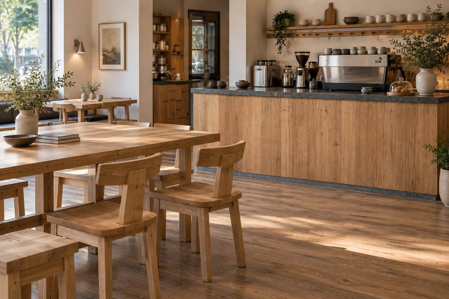 Straight smooth ash coffee counter with charcoal top and a simple peg-rail display shelf
