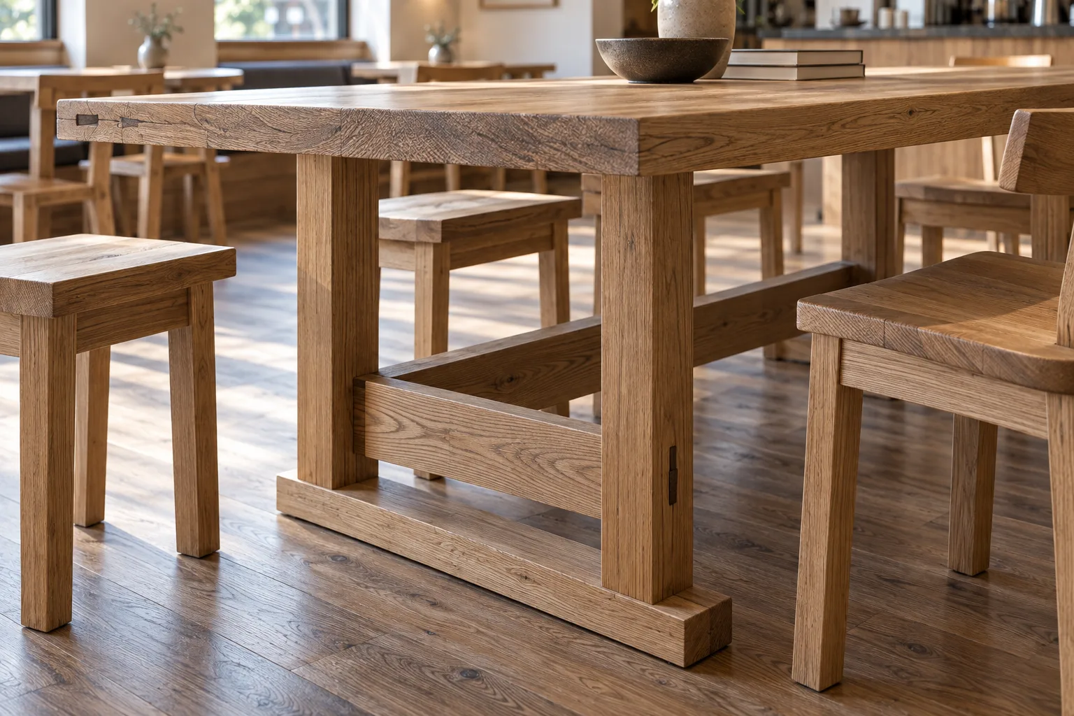 Detail of a rectangular ash communal tabletop and H-shaped trestle with a recessed stretcher and visible joinery