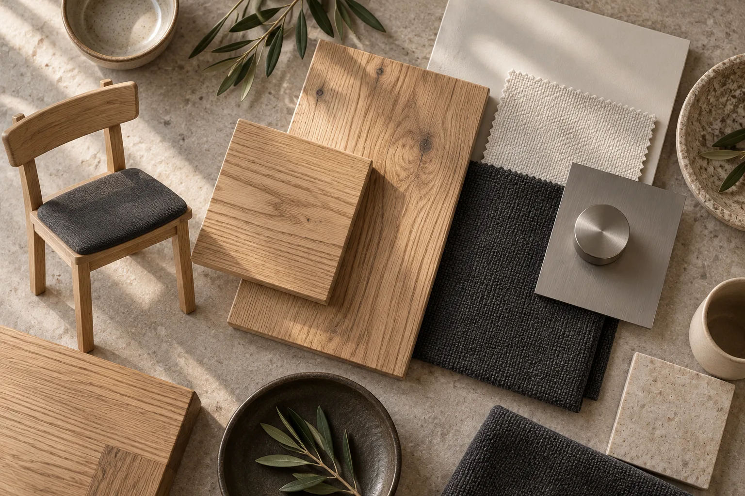 Natural ash · Charcoal · Warm white · Nickel physical material sample concept board