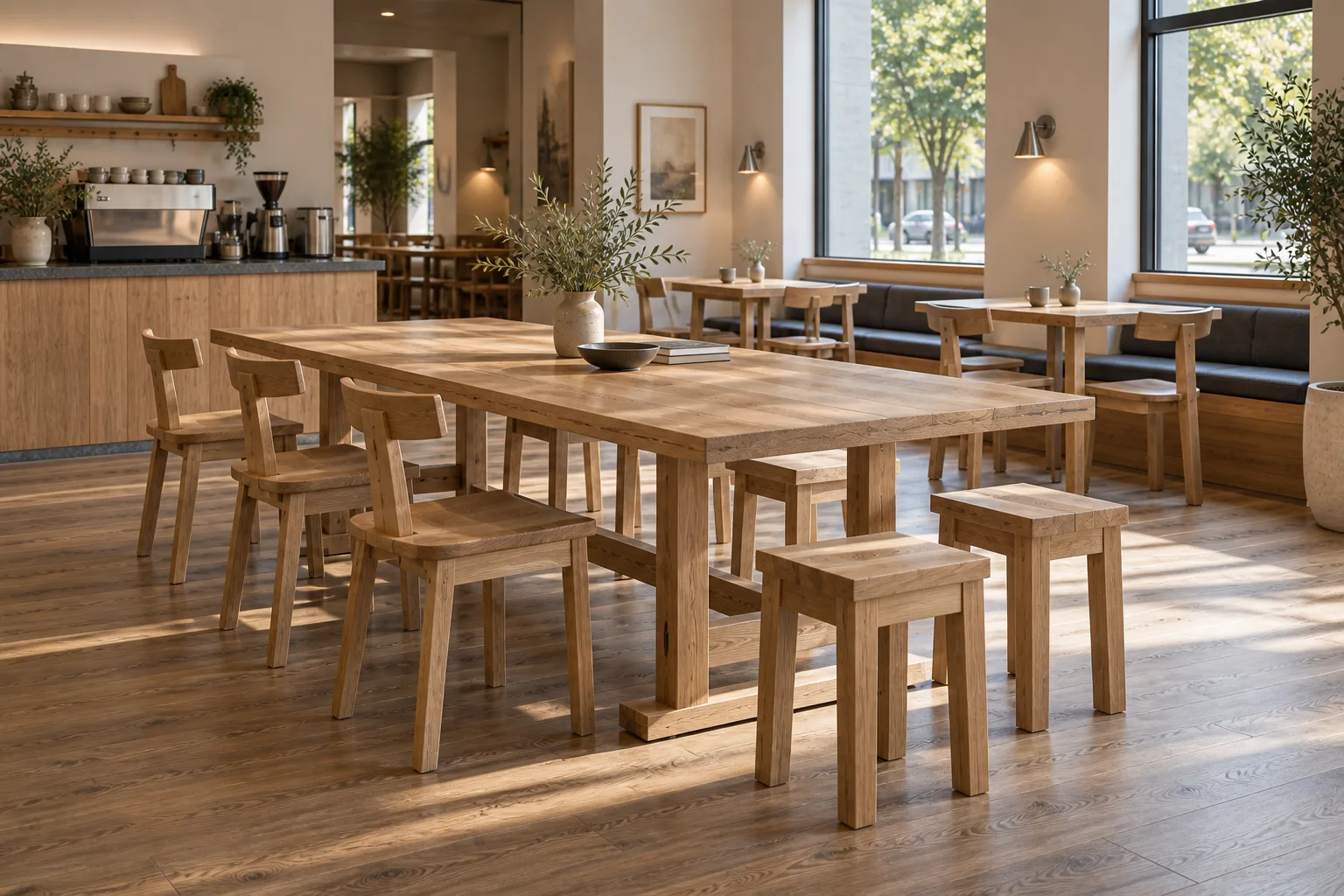 Rectangular natural ash communal café table on H-shaped trestles with solid timber saddle-seat T-back chairs