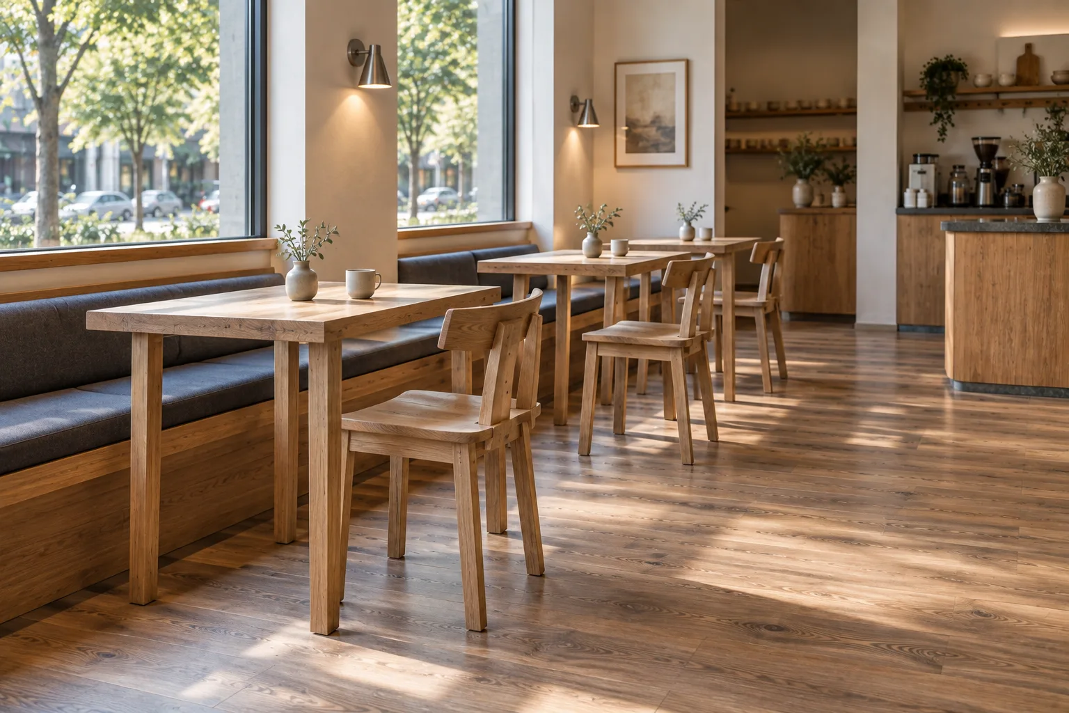 Straight ash window bench with a thin charcoal pad and small rectangular four-leg café tables