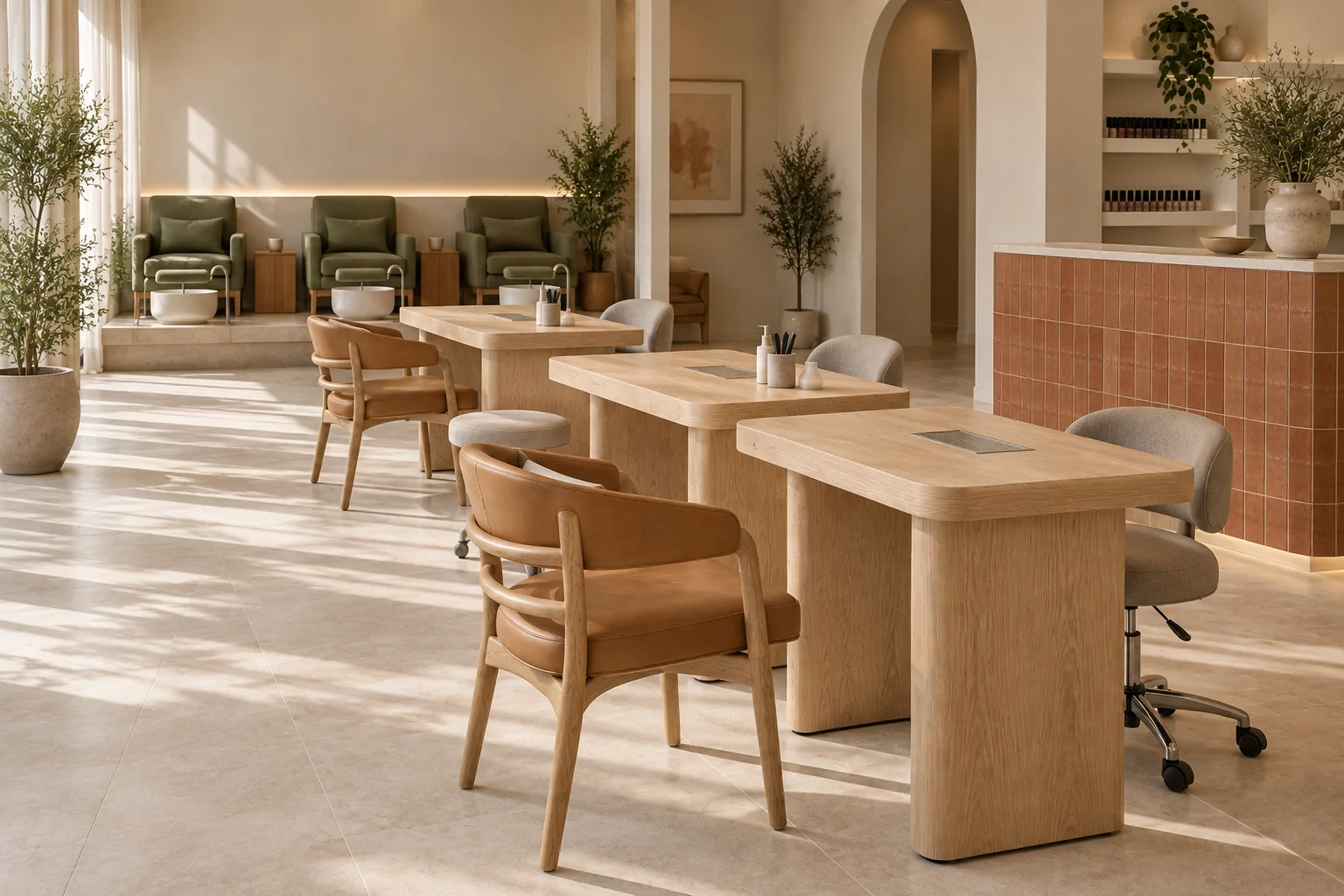 Alternative view of oak, caramel and olive nail salon furniture