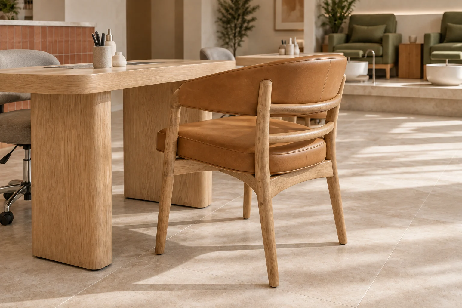 Caramel manicure chair with open oak back frame