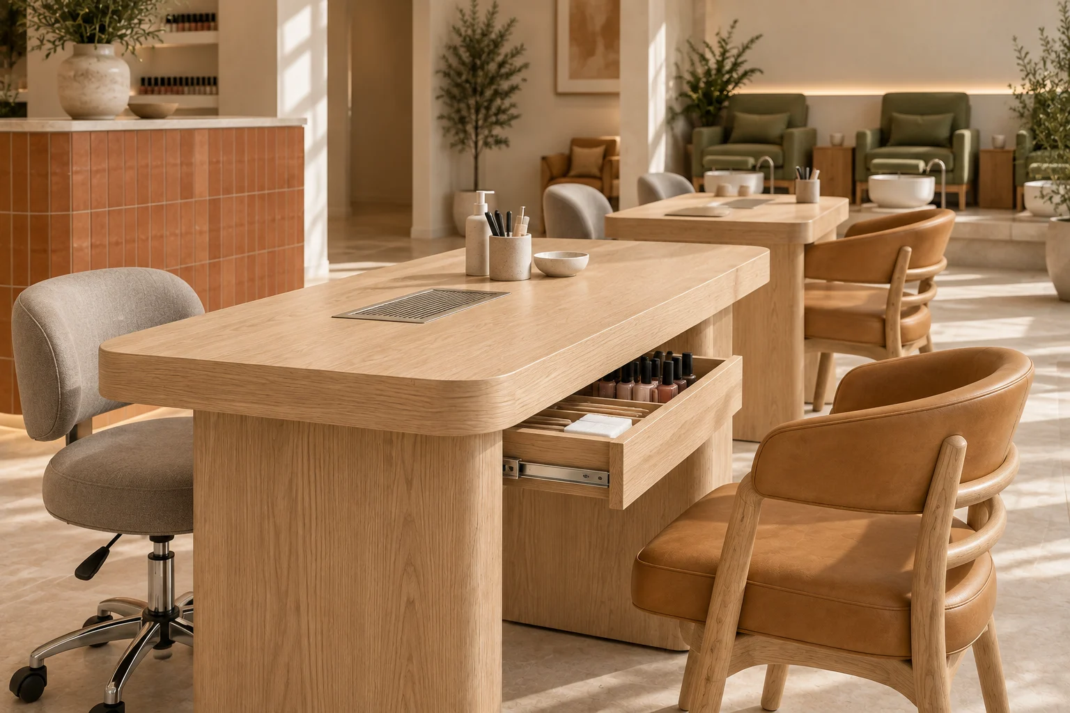 Rounded oak manicure tabletop with flush extraction grille