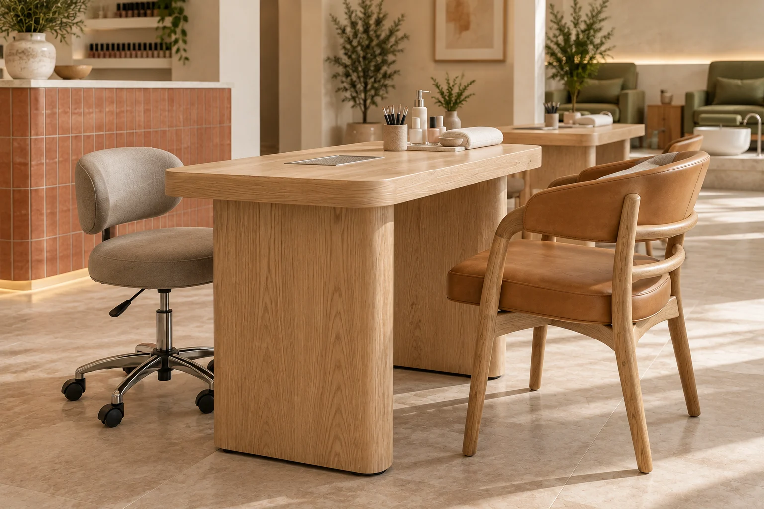 Oak slab-leg manicure desks with caramel timber-frame client chairs