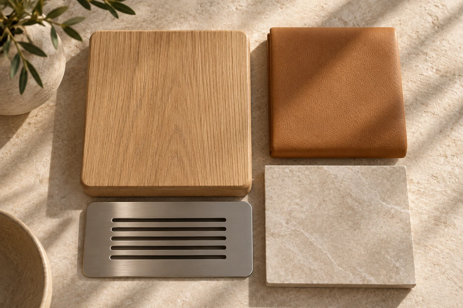 Warm oak · Caramel upholstery · Olive upholstery · Terracotta ceramic physical material sample concept board