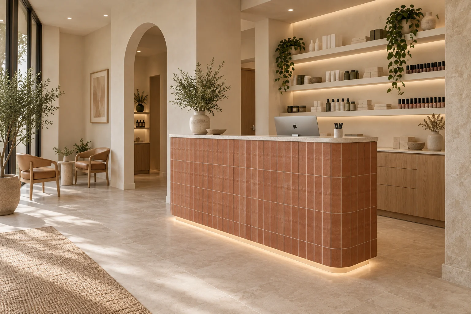 Terracotta-tiled nail salon reception with warm oak storage