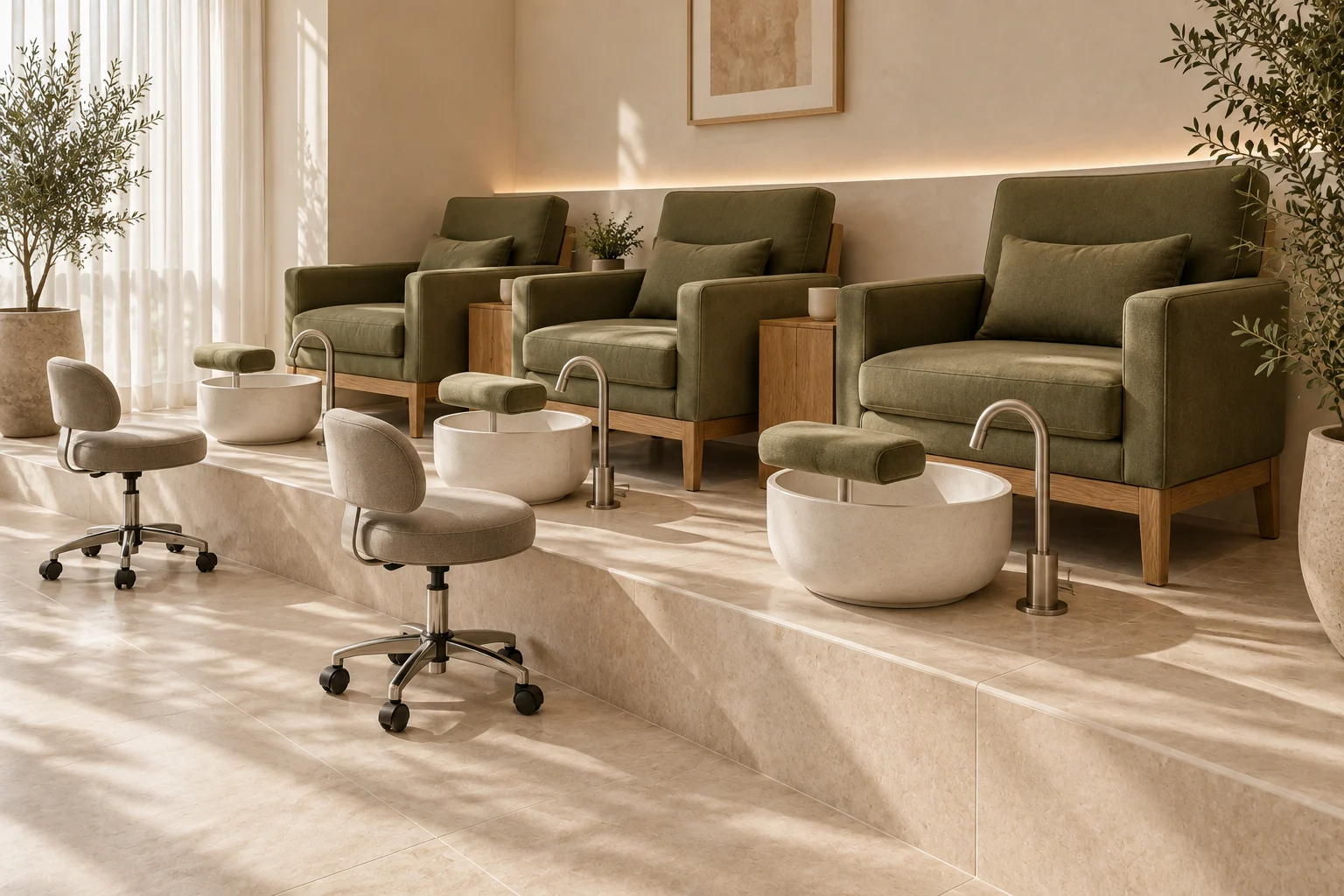Olive pedicure armchairs on oak frames with separate basins