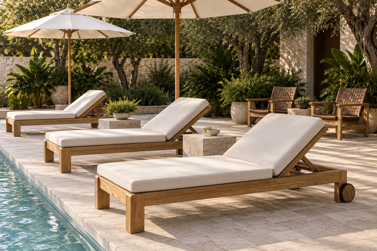 Warm resort furniture seen across loungers and shaded lounge chairs