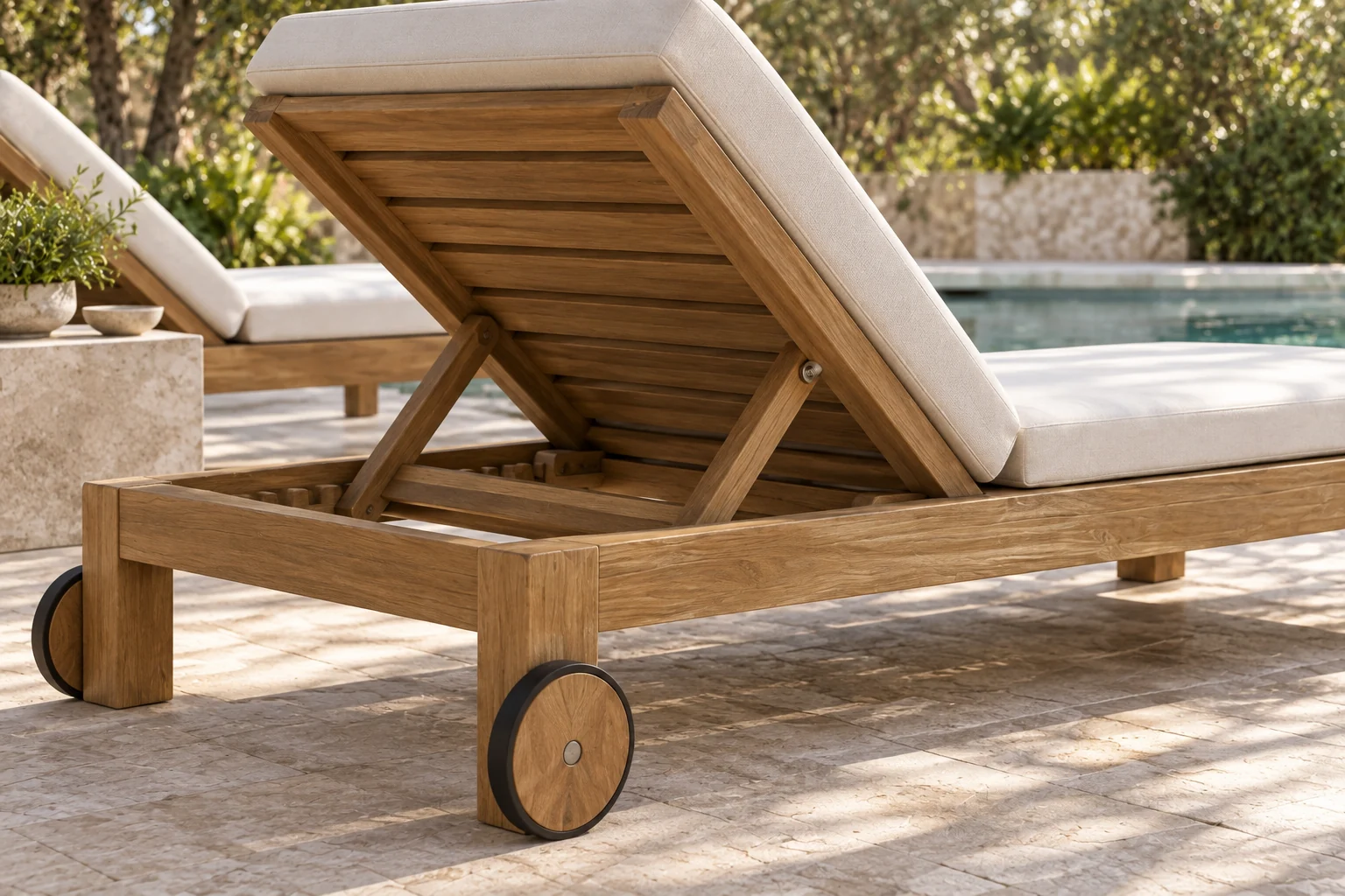 Close detail of a teak lounger backrest, slats and rear wheel