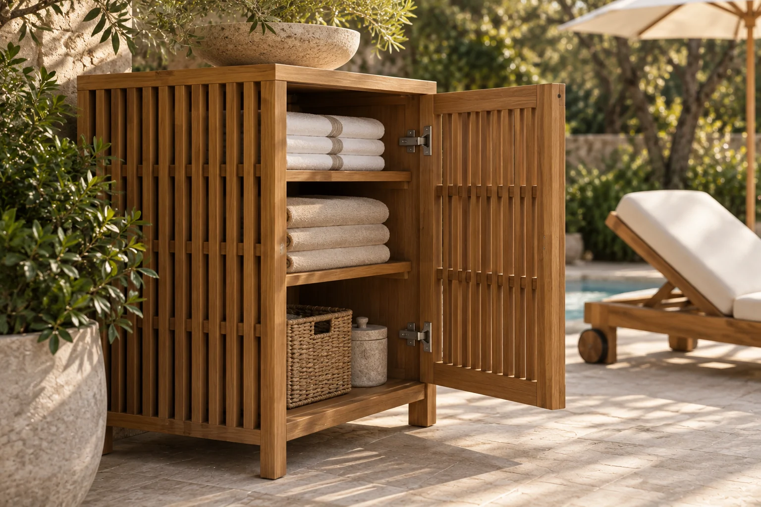 Teak slatted towel cabinet joinery and shelf detail