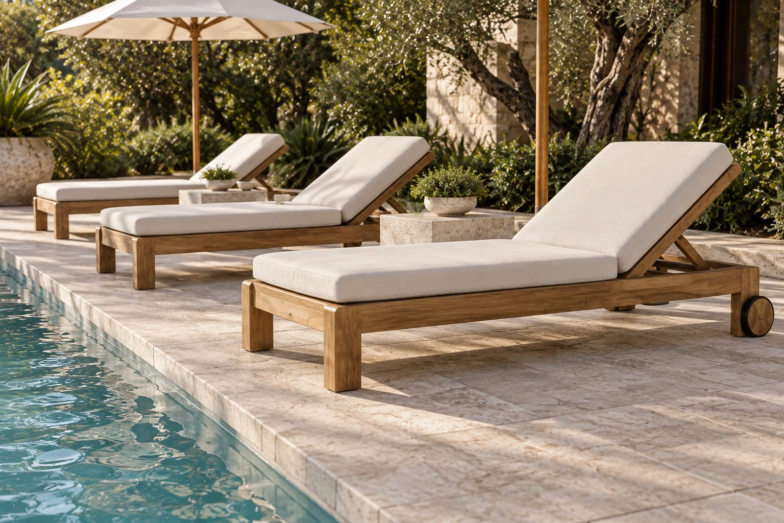 Teak adjustable pool loungers with ivory pads and stone side tables
