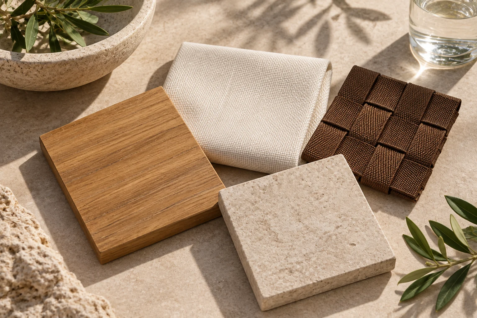 Teak · Ivory outdoor fabric · Tobacco woven straps · Honed stone physical material sample concept board
