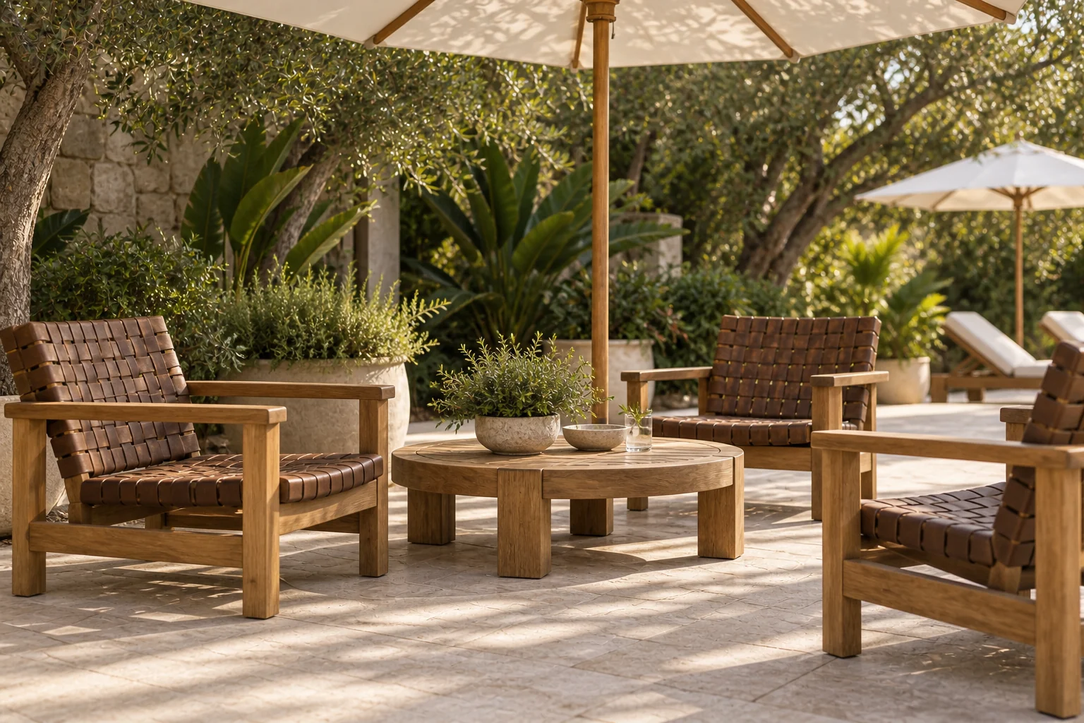 Teak lounge armchairs with tobacco woven seats beneath an ivory parasol