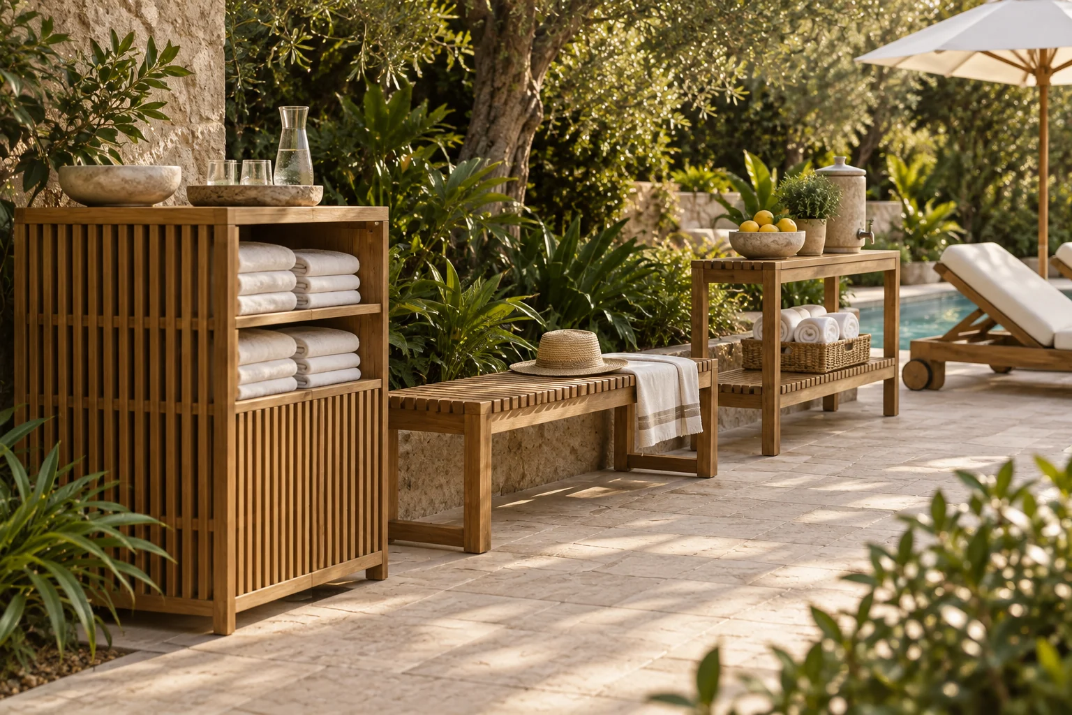Teak towel cabinet, slatted bench and poolside service console