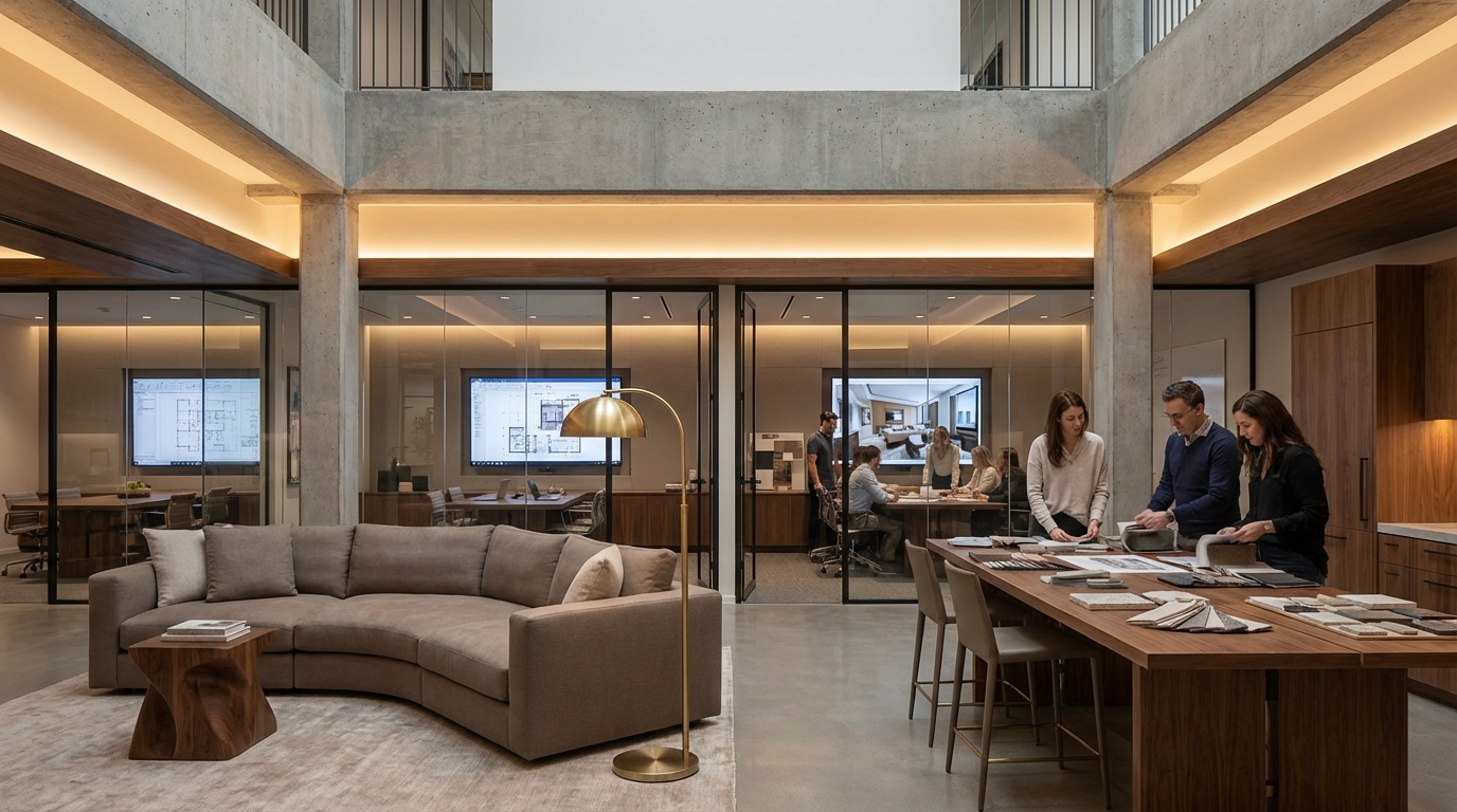 Premium FF&E design studio with curved sofa, brass lamp, and architects reviewing material samples through glass walls