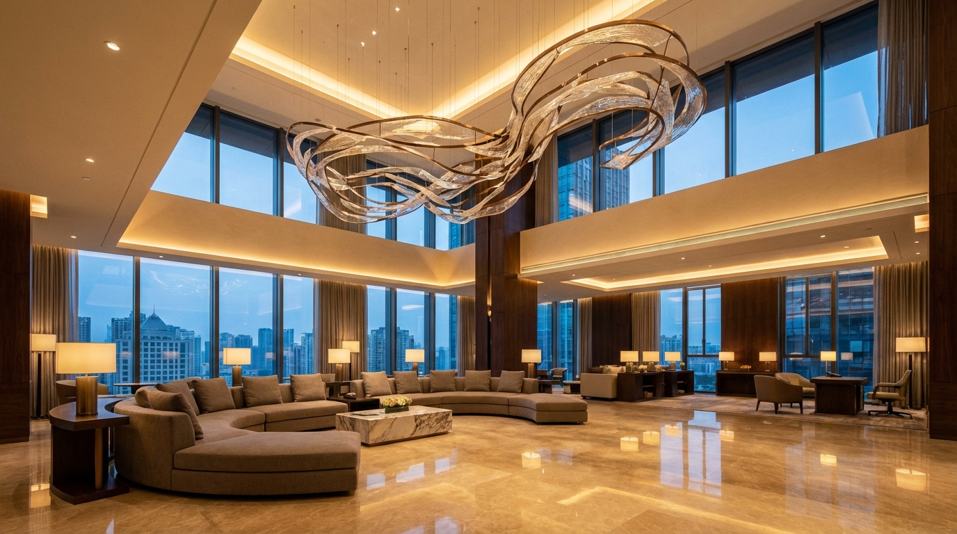 Five-star hotel lobby with double-height ceiling, sculptural chandelier, curved taupe sofa, and twilight cityscape