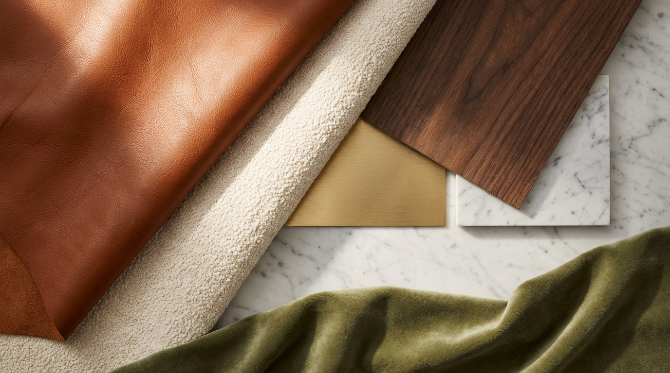 Flat-lay of luxury materials on marble — cognac leather, cream boucle, walnut veneer, brushed brass, and olive velvet