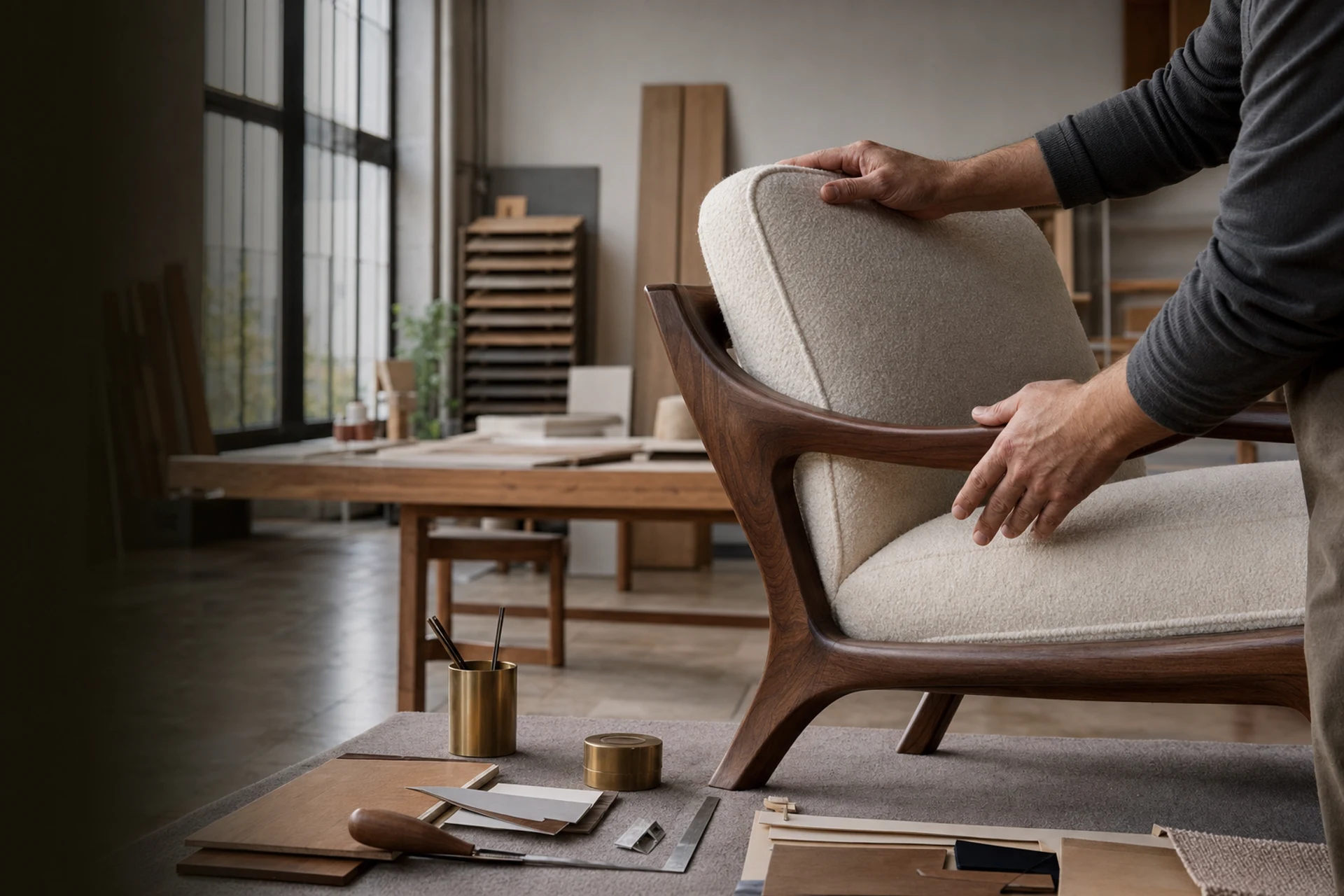 Craftsperson inspecting a luxury upholstered lounge chair in a refined contract furniture workshop
