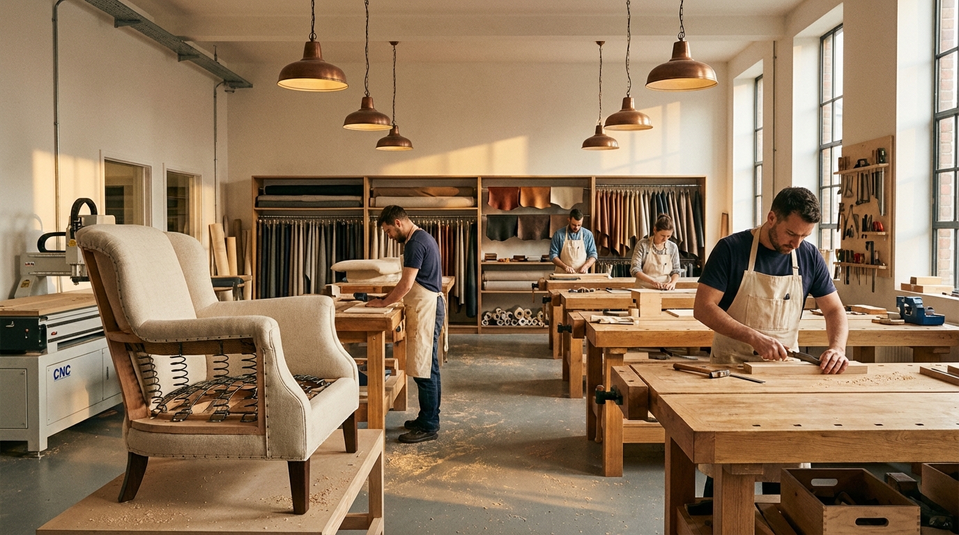 Furniture craftsmen at timber workbenches with half-assembled upholstered chair, fabric rolls, and copper pendant lights